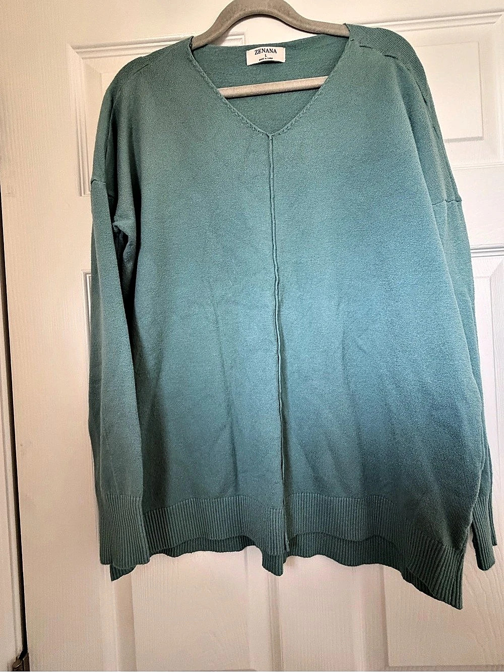 Zenana V-Neck Seamed Detail Sweater Green Large